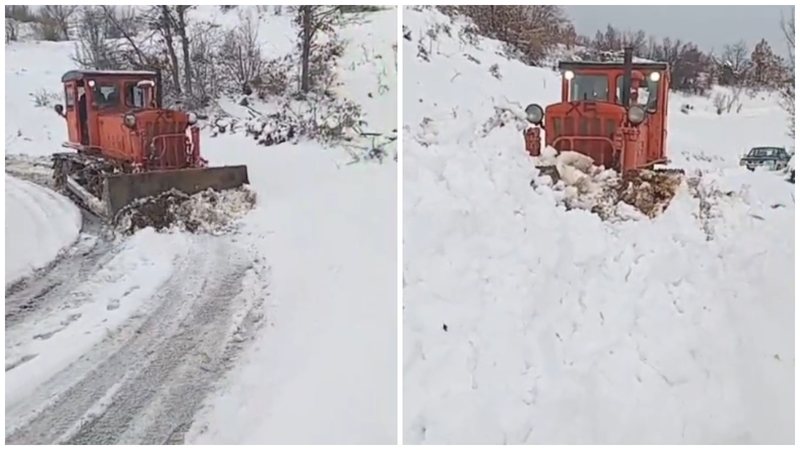Traktori 60-vjeçar që sfidon teknologjinë moderne dhe mban të hapura rrugët nga bora në vend (VIDEO)